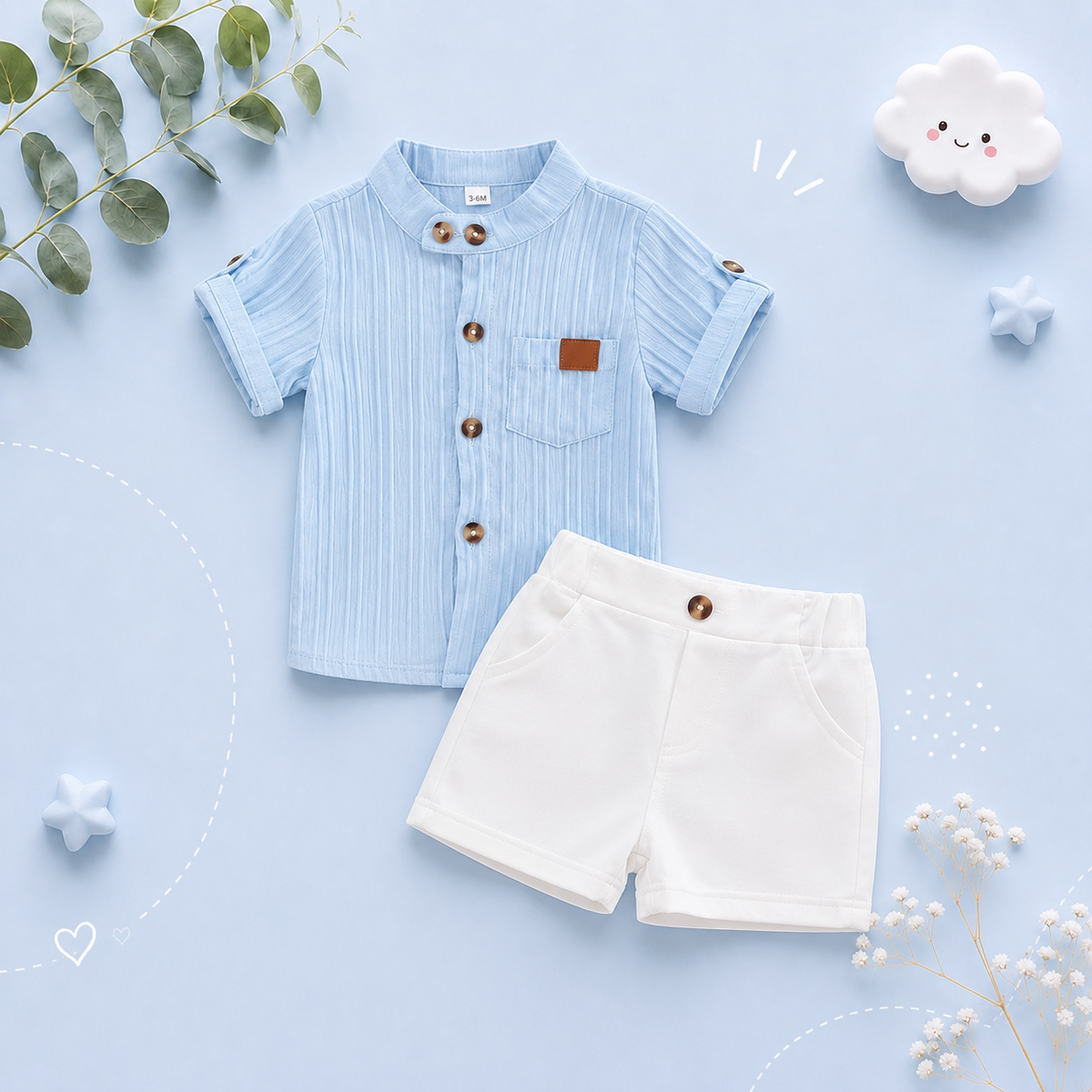 The Kendrick - Baby Boy Blue Striped Button Casual Short Sleeves T-Shirt + Elastic Shorts Set