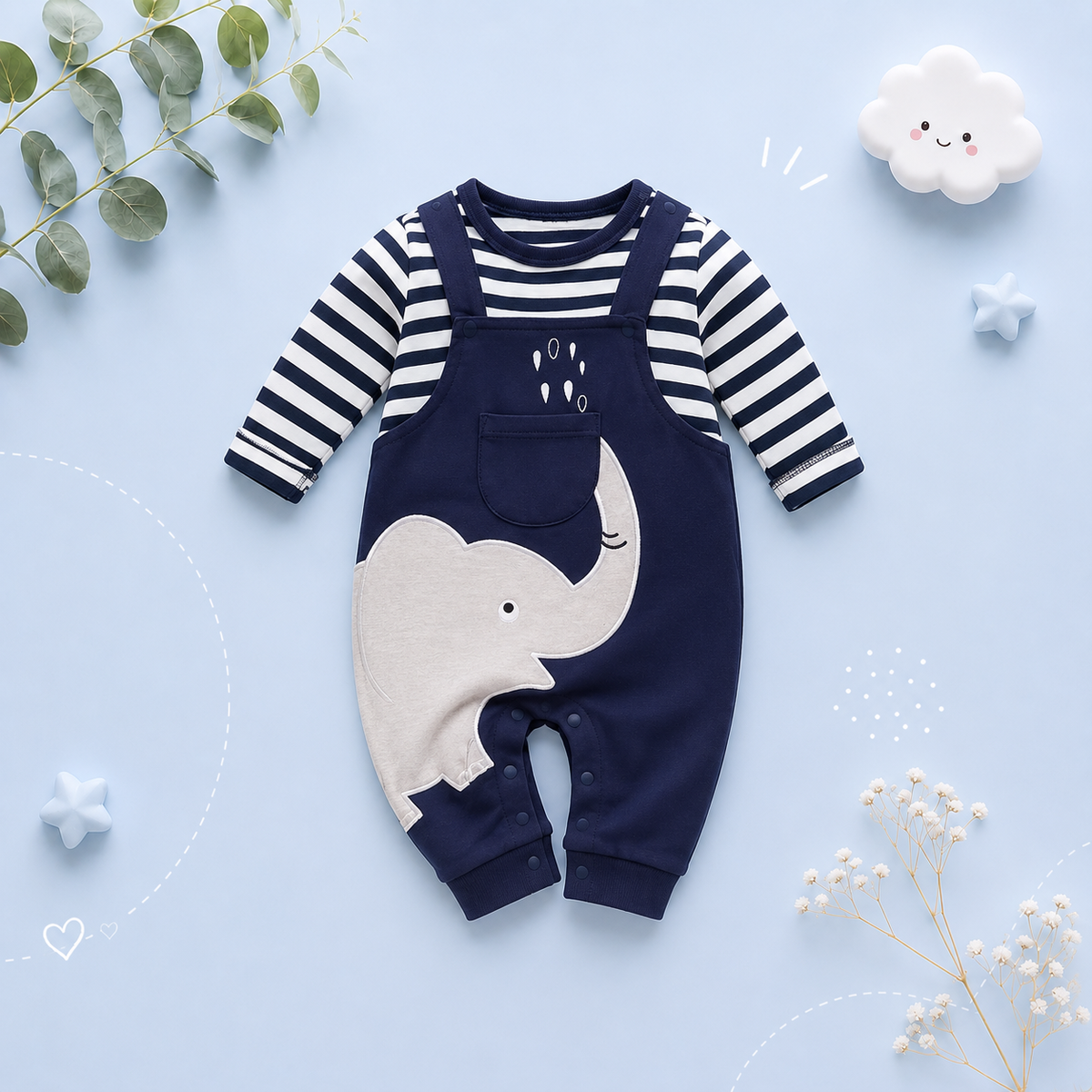 The Leonel - Baby Boy Elephant Striped Long Sleeved Romper