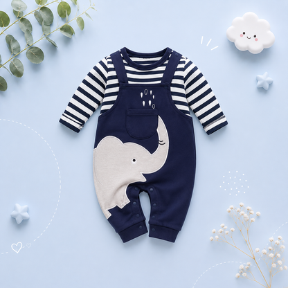 The Leonel - Baby Boy Elephant Striped Long Sleeved Romper