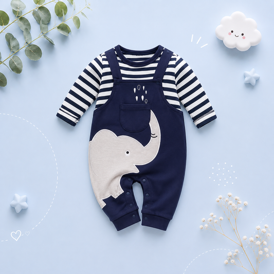 The Leonel - Baby Boy Elephant Striped Long Sleeved Romper