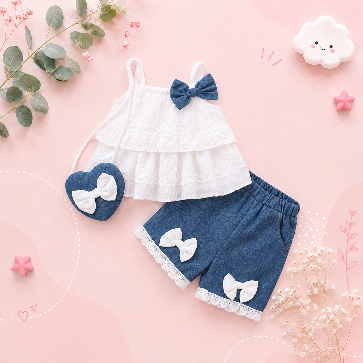 The Makayla - White Lace Ruffle Tank Top & Denim Bow Shorts Set with Bag for Girls