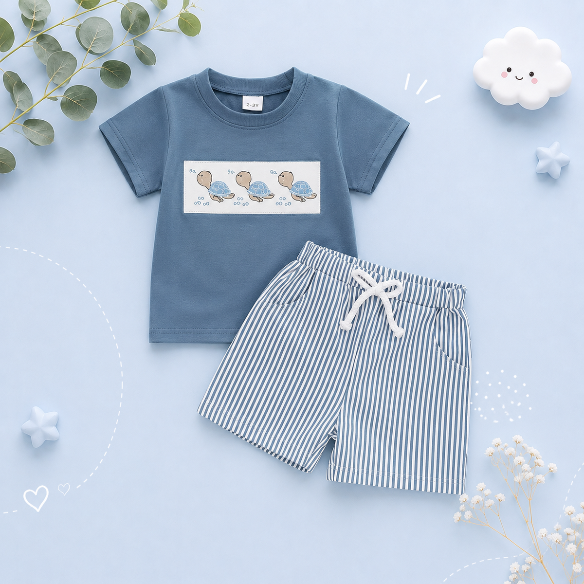 The Corbin - Baby Boy Short Sleeve Blue Dino Print T-Shirts Striped Elastic + Waist Shorts