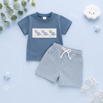 The Corbin - Baby Boy Short Sleeve Blue Dino Print T-Shirts Striped Elastic + Waist Shorts