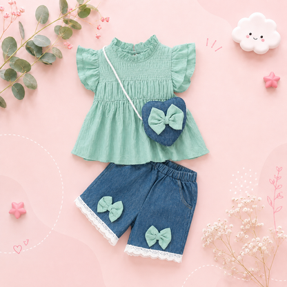 The Sevyn - Toddler Baby Girl 3PCS Outfit Ruffle Top Blue Shorts with Heart Bag