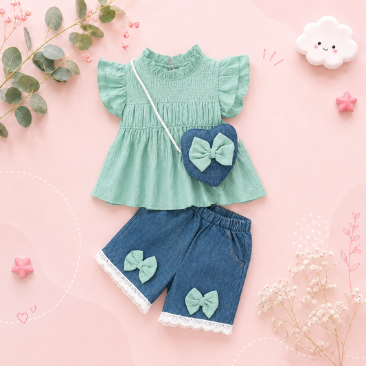 The Sevyn - Toddler Baby Girl 3PCS Outfit Ruffle Top Blue Shorts with Heart Bag
