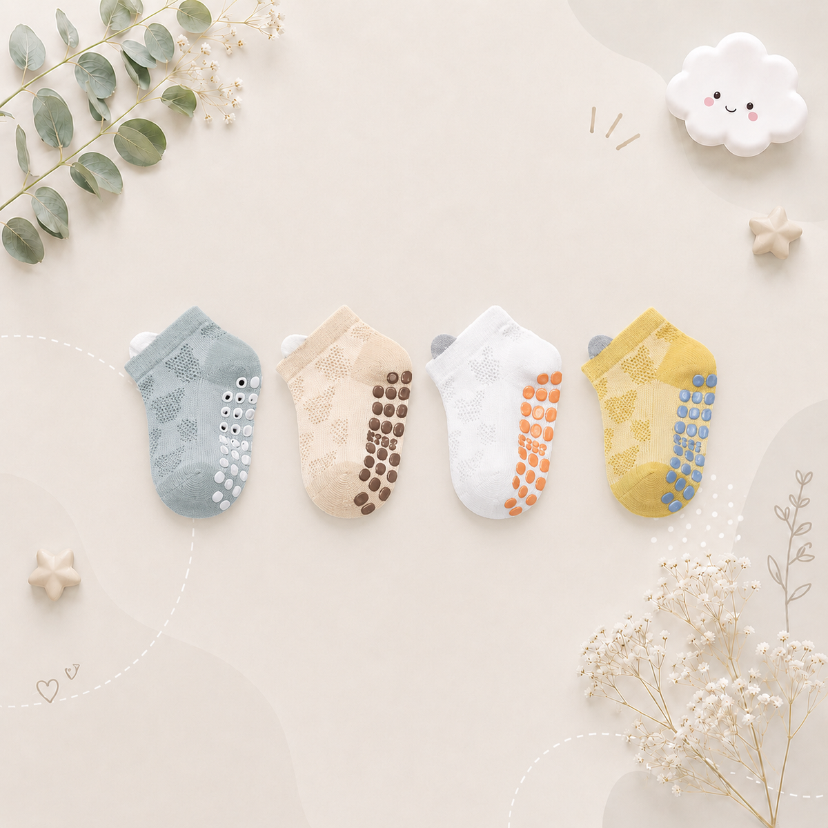 The Ainsley - Baby Unisex 4 Pairs Cotton Breathable Non-slip Floor Socks