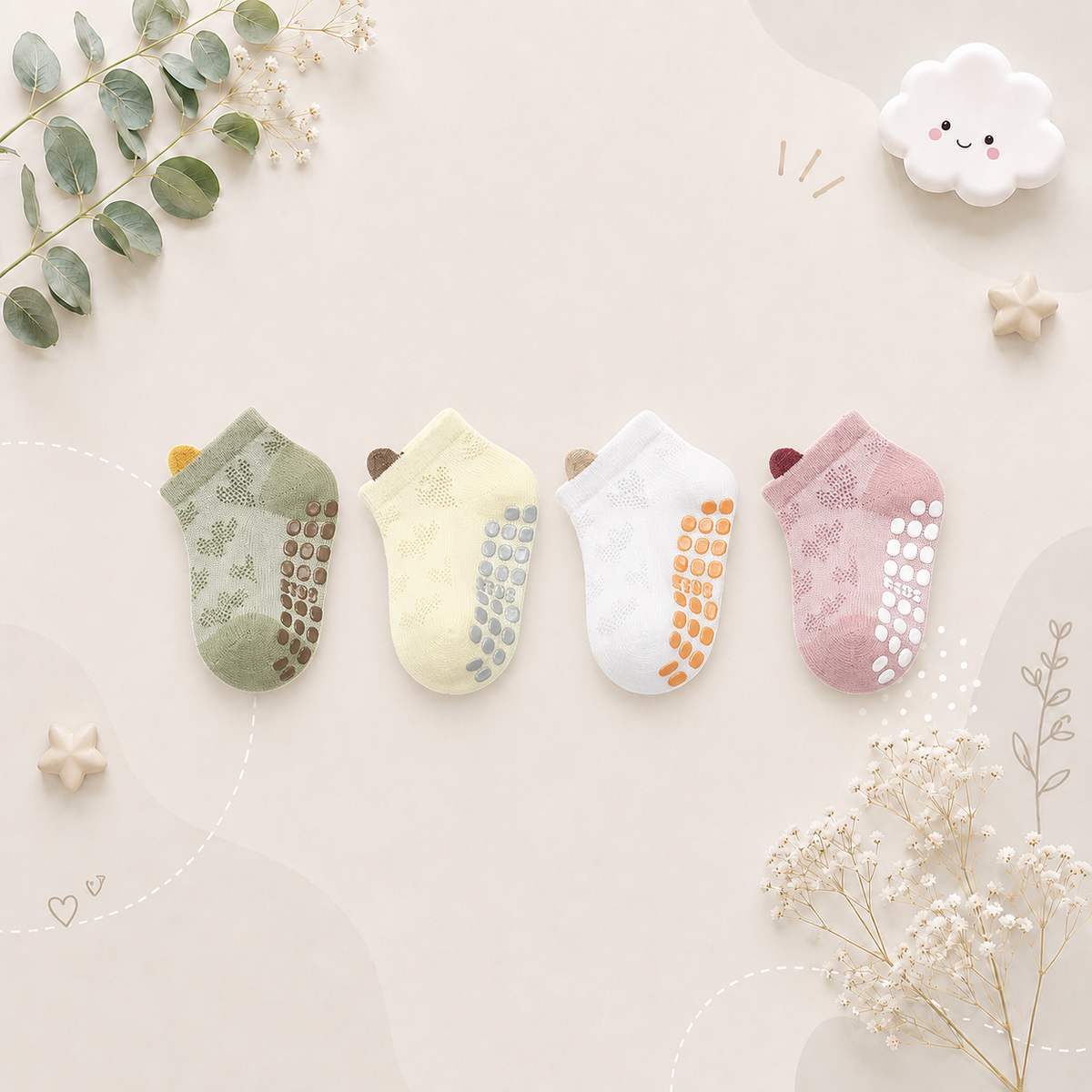 The Ainsley - Baby Unisex 4 Pairs Cotton Breathable Non-slip Floor Socks