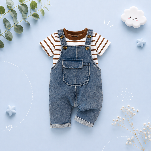 The Kieran - Baby Boy Striped Round Neck Short Sleeve Top and Stylish Pocket Overalls