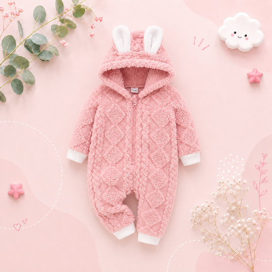 The Amanda - Baby Girl Winter Fleece Pink Hooded Romper – Soft, Warm All‑in‑One Outfit for Infants