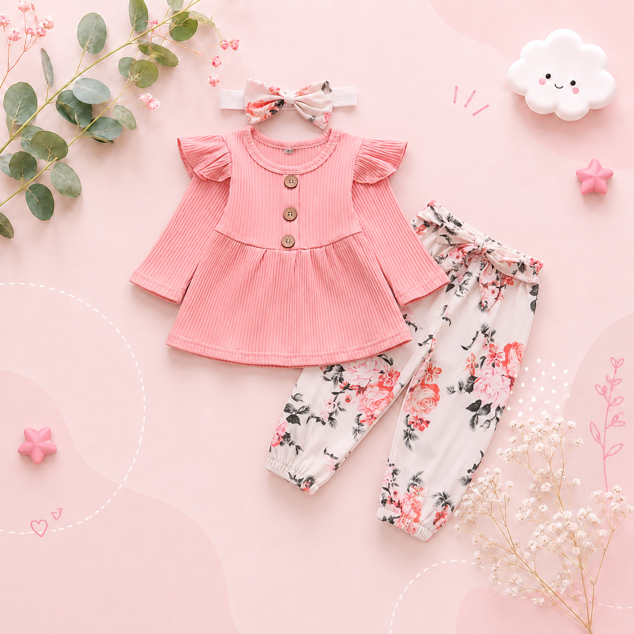The Ailany - Baby Girl Pink Solid Knitting Long Sleeve Tops + Floral Print Pants + Headband