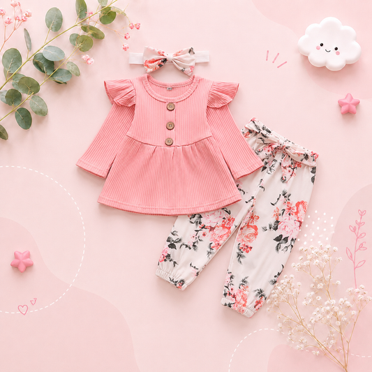 The Ailany - Baby Girl Pink Solid Knitting Long Sleeve Tops + Floral Print Pants + Headband
