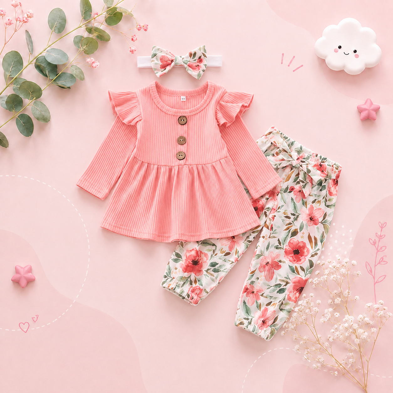 The Ailany - Baby Girl Pink Solid Knitting Long Sleeve Tops + Floral Print Pants + Headband