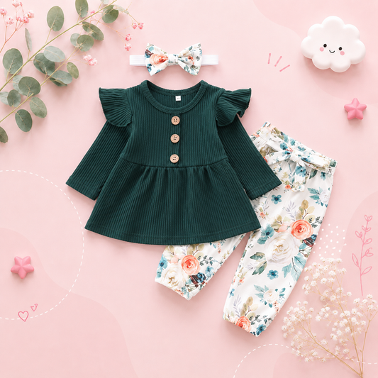 The Ailany - Baby Girl Green Solid Knitting Long Sleeve Tops + Floral Print Pants + Headband