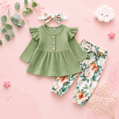 The Ailany - Baby Girl Green Solid Knitting Long Sleeve Tops + Floral Print Pants + Headband