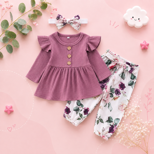 The Ailany - Baby Girl Purple Solid Knitting Long Sleeve Tops + Floral Print Pants + Headband