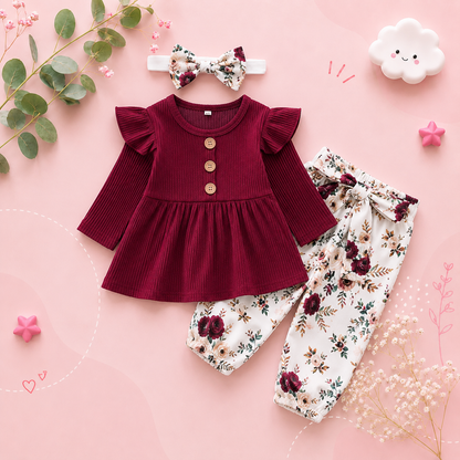 The Ailany - Baby Girl Purple Solid Knitting Long Sleeve Tops + Floral Print Pants + Headband
