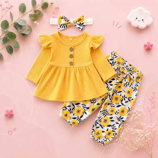 The Ailany - Baby Girl Yellow Solid Knitting Long Sleeve Tops + Floral Print Pants + Headband