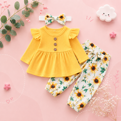 The Ailany - Baby Girl Yellow Solid Knitting Long Sleeve Tops + Floral Print Pants + Headband