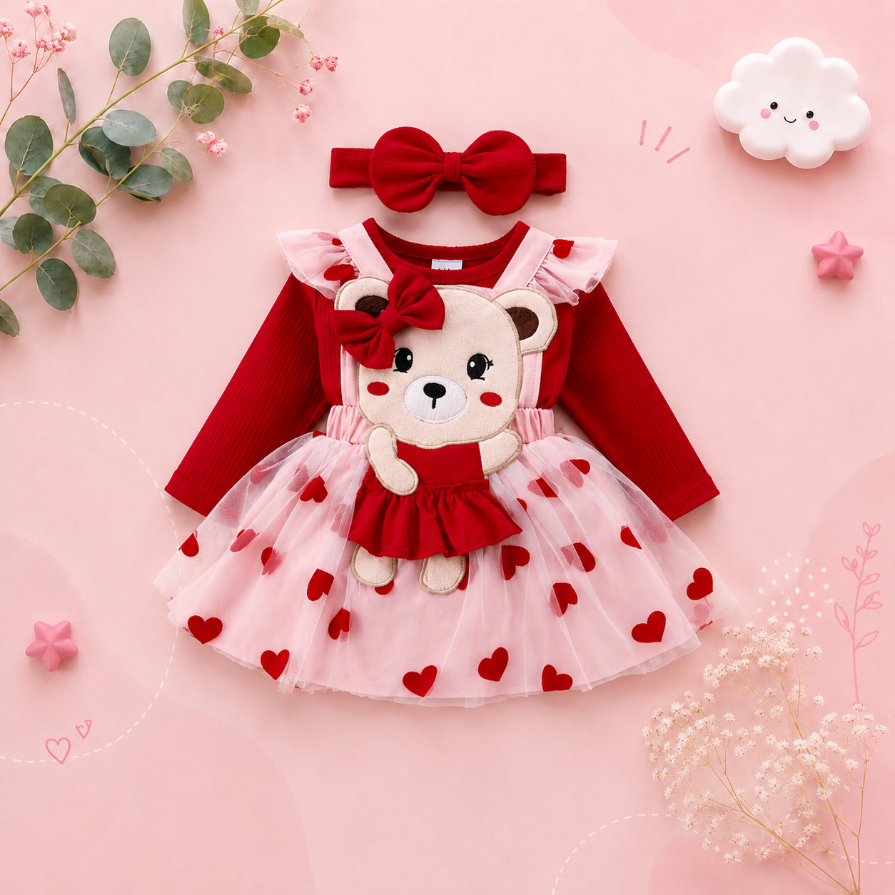 The Piper - Baby Girl Long Sleeve Red Romper Heart Print Skirt & Headband