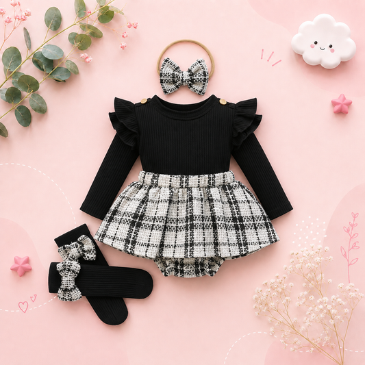 The Arlette - Newborn Baby Girl Spring/Fall Outfit – Long Sleeve Plaid Skirt Romper + Headband & Socks Set