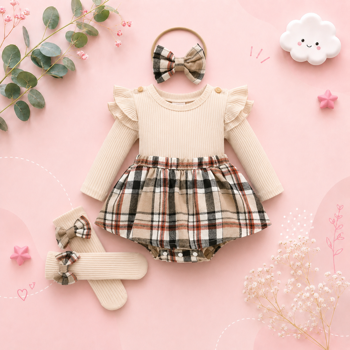 The Arlette - Newborn Baby Girl Spring/Fall Outfit – Long Sleeve Plaid Skirt Romper + Headband & Socks Set