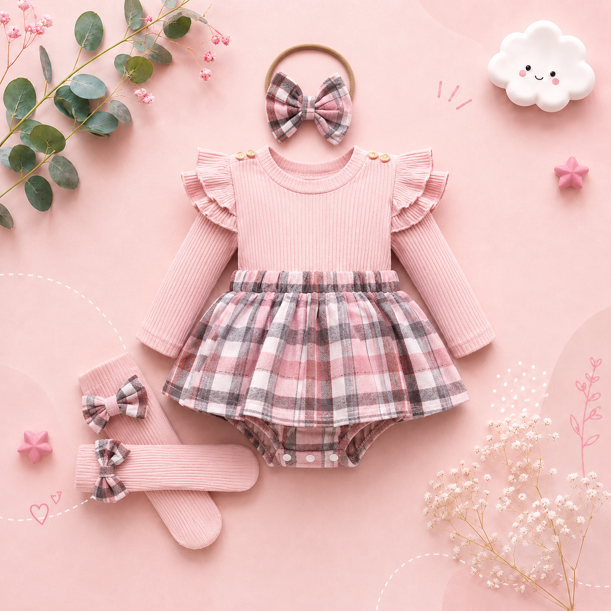 The Arlette - Newborn Baby Girl Spring/Fall Outfit – Long Sleeve Plaid Skirt Romper + Headband & Socks Set