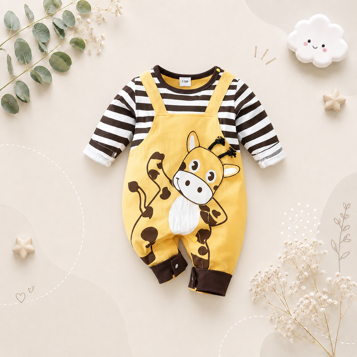 The Bridger - Unisex Baby Giraffe Print Striped Cotton Long Sleeve Romper Fall Winter Outfit