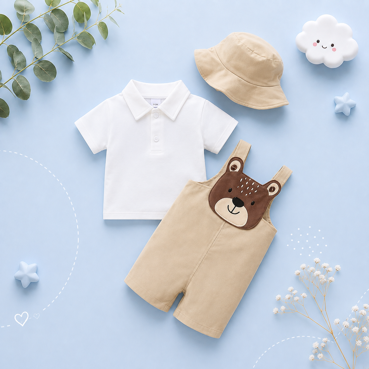 The Kason - Baby Boy 3‑Piece Outfit Set - Bear Print Romper, Polo Shirt & Hat | Soft Spring/Summer Clothing