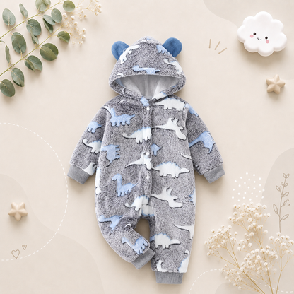The Jamir - Baby Boy Fuzzy Dinosaur Romper – Warm Winter Hooded Onesie, Soft Casual Outfit