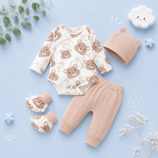 The Fabian - Baby Unisex Brown Little Bear Long Sleeve Bodysuit + Pants + Hat + Socks 4pcs Outfit Set