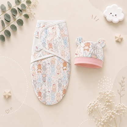 The Louie - Newborn Swaddle Blanket & Hat Set – Soft Cotton Adjustable Infant Wrap, Cartoon Print, All‑Season Use (0–6 Months)