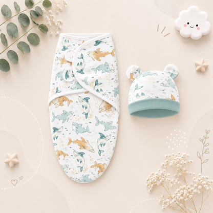 The Louie - Newborn Swaddle Blanket & Hat Set – Soft Cotton Adjustable Infant Wrap, Cartoon Print, All‑Season Use (0–6 Months)