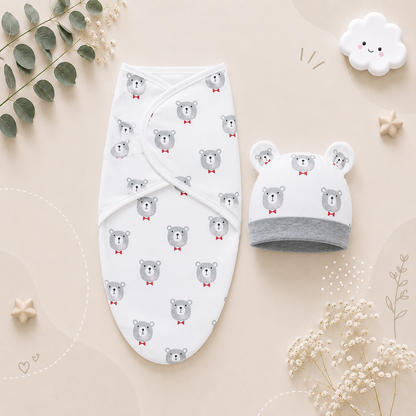 The Louie - Newborn Swaddle Blanket & Hat Set – Soft Cotton Adjustable Infant Wrap, Cartoon Print, All‑Season Use (0–6 Months)