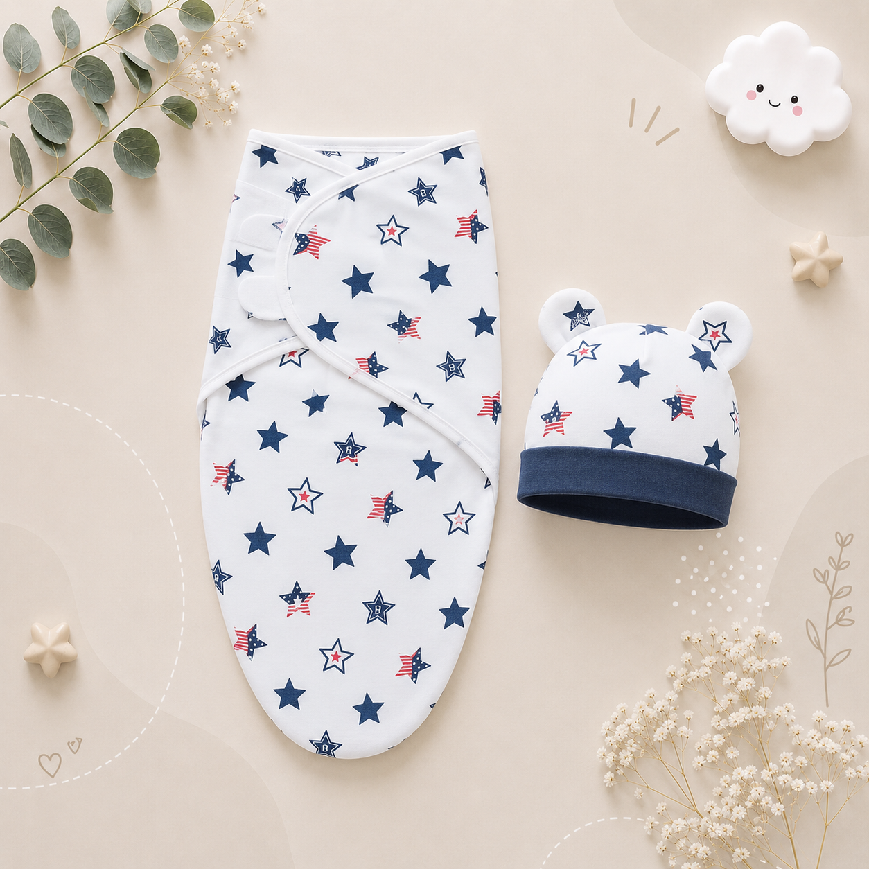 The Louie - Newborn Swaddle Blanket & Hat Set – Soft Cotton Adjustable Infant Wrap, Cartoon Print, All‑Season Use (0–6 Months)