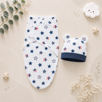 The Louie - Newborn Swaddle Blanket & Hat Set – Soft Cotton Adjustable Infant Wrap, Cartoon Print, All‑Season Use (0–6 Months)
