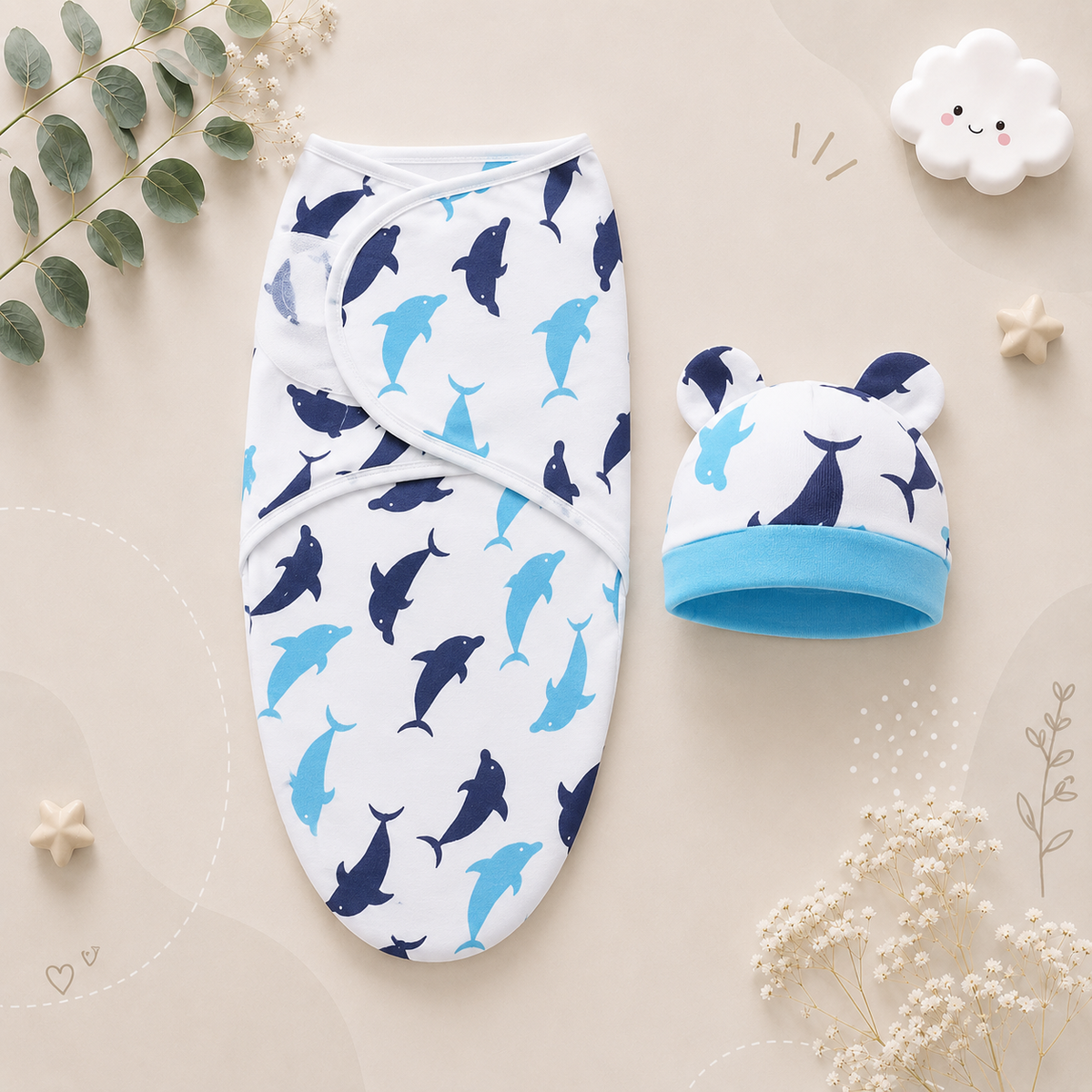 The Louie - Newborn Swaddle Blanket & Hat Set – Soft Cotton Adjustable Infant Wrap, Cartoon Print, All‑Season Use (0–6 Months)