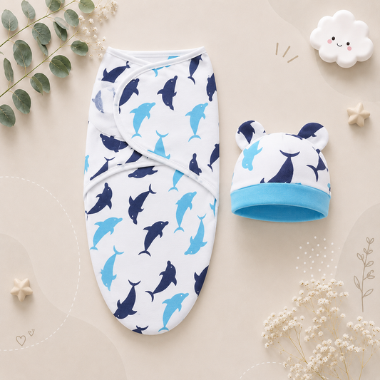 The Louie - Newborn Swaddle Blanket & Hat Set – Soft Cotton Adjustable Infant Wrap, Cartoon Print, All‑Season Use (0–6 Months)