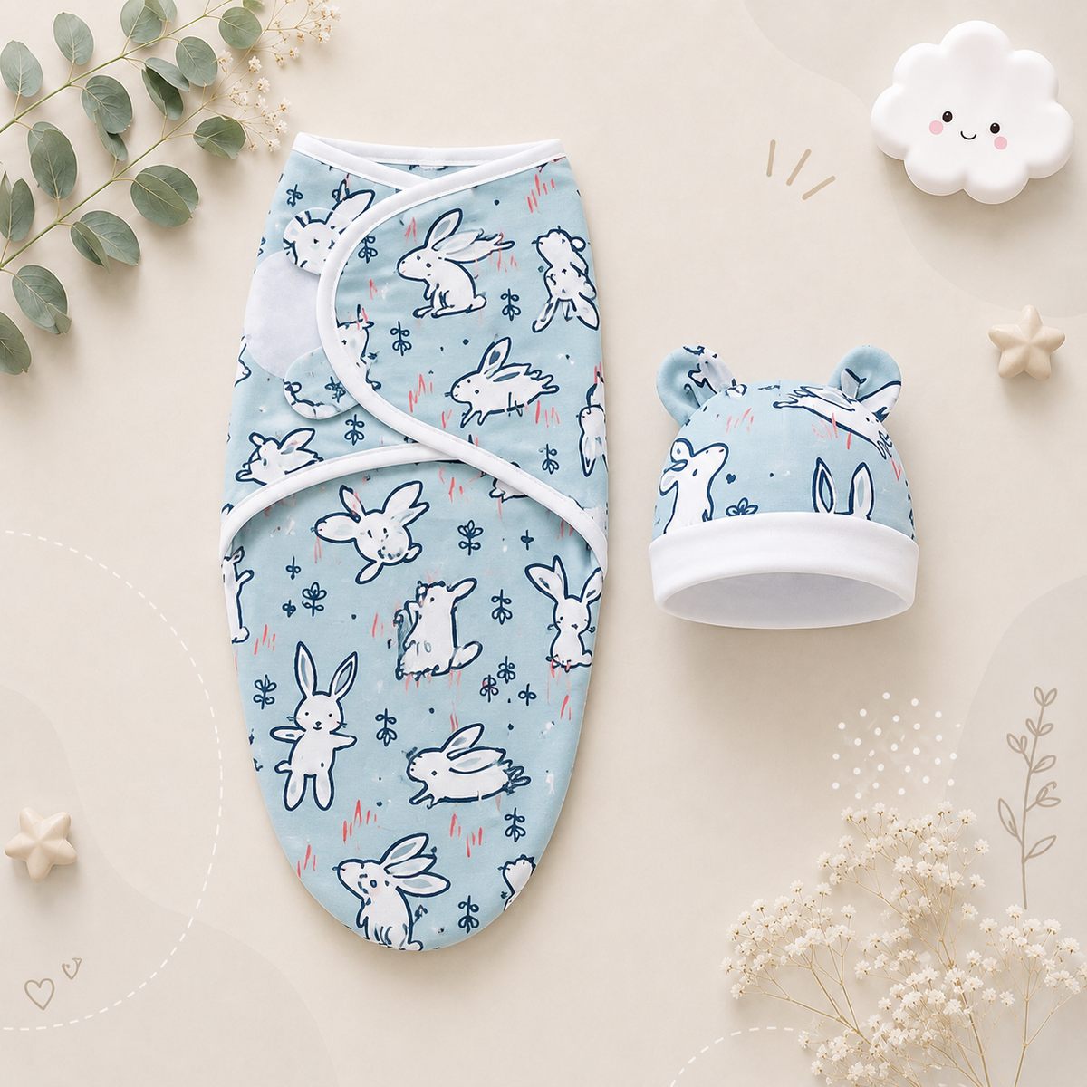 The Louie - Newborn Swaddle Blanket & Hat Set – Soft Cotton Adjustable Infant Wrap, Cartoon Print, All‑Season Use (0–6 Months)