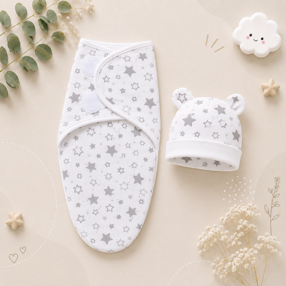 The Louie - Newborn Swaddle Blanket & Hat Set – Soft Cotton Adjustable Infant Wrap, Cartoon Print, All‑Season Use (0–6 Months)