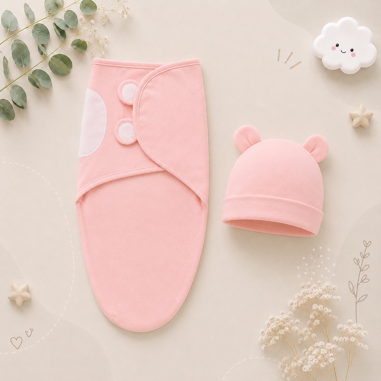 The Louie - Newborn Swaddle Blanket & Hat Set – Soft Cotton Adjustable Infant Wrap, Cartoon Print, All‑Season Use (0–6 Months)