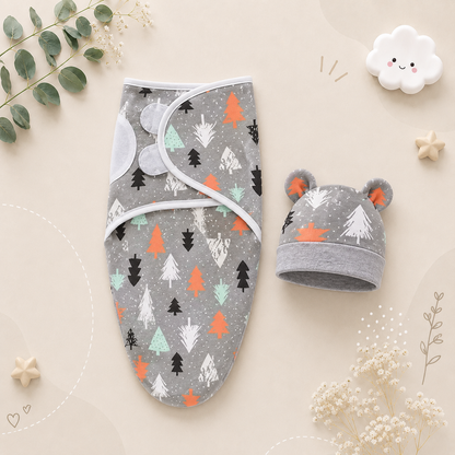 The Louie - Newborn Swaddle Blanket & Hat Set – Soft Cotton Adjustable Infant Wrap, Cartoon Print, All‑Season Use (0–6 Months)