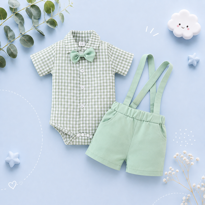 The Declan - Baby Boy Gentleman Plaid Short Sleeve Jumpsuit and Casual Stretch Suspender