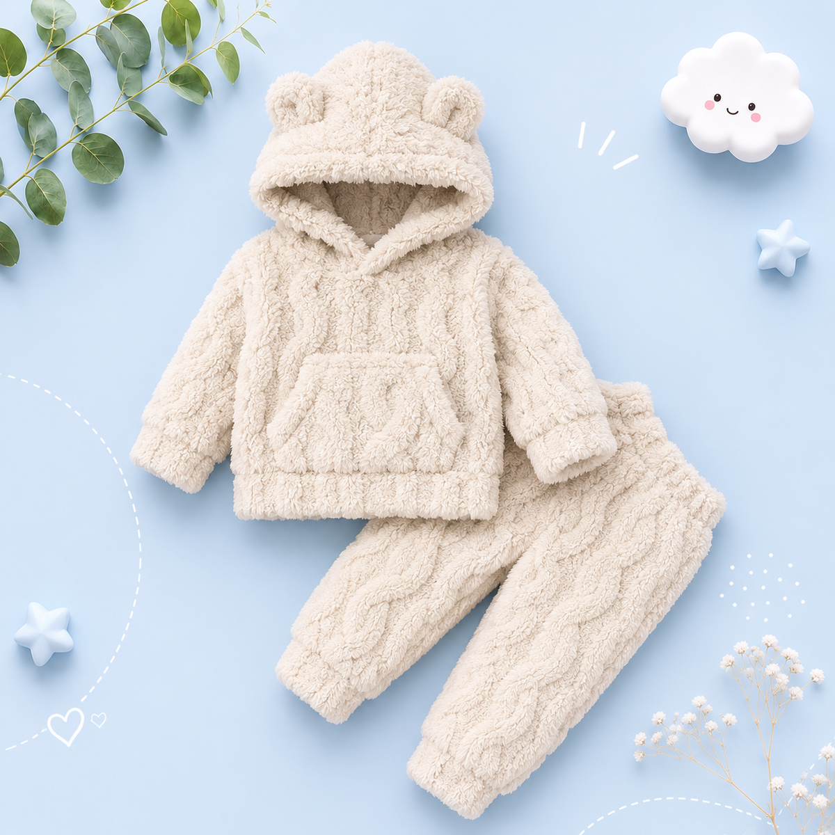 The Samuel - Baby Boy Bear Ears Hat Furry Hoodie & Plain Pants