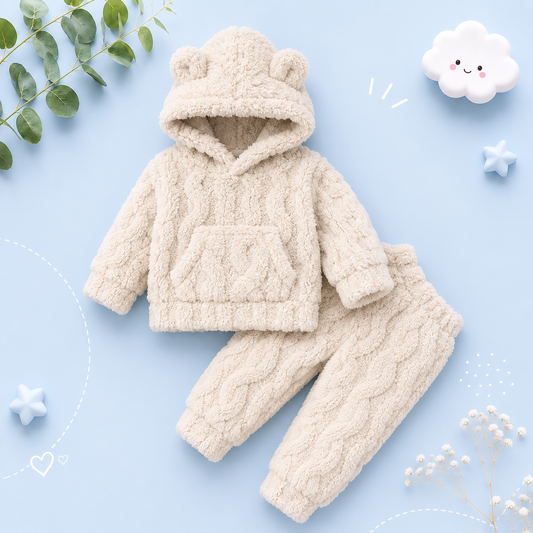 The Samuel - Baby Boy Bear Ears Hat Furry Hoodie & Plain Pants