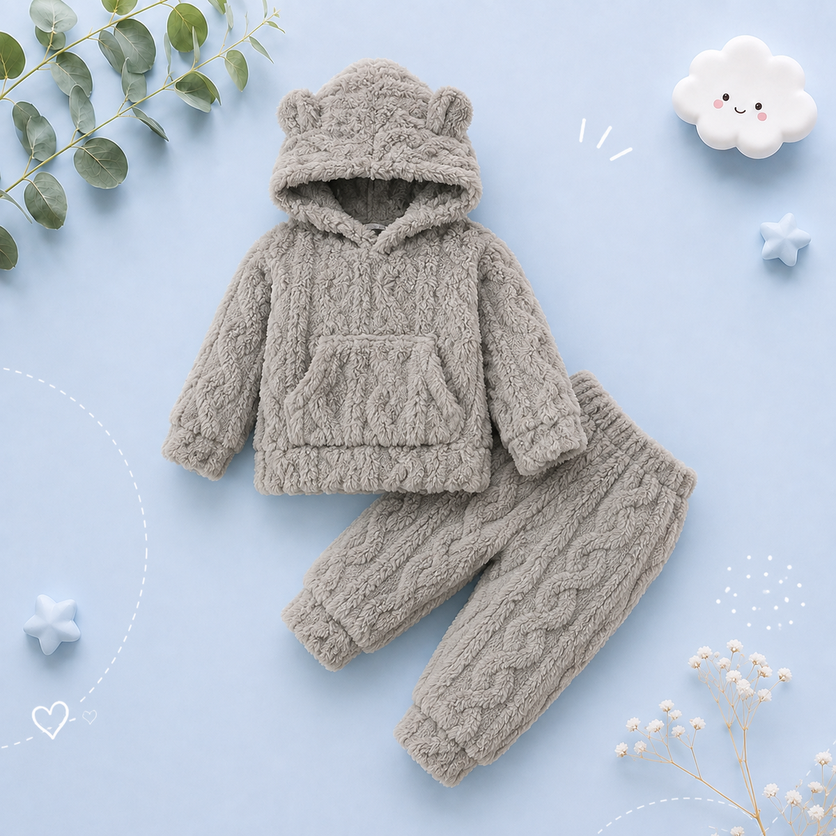 The Samuel - Baby Boy Bear Ears Hat Furry Hoodie & Plain Pants