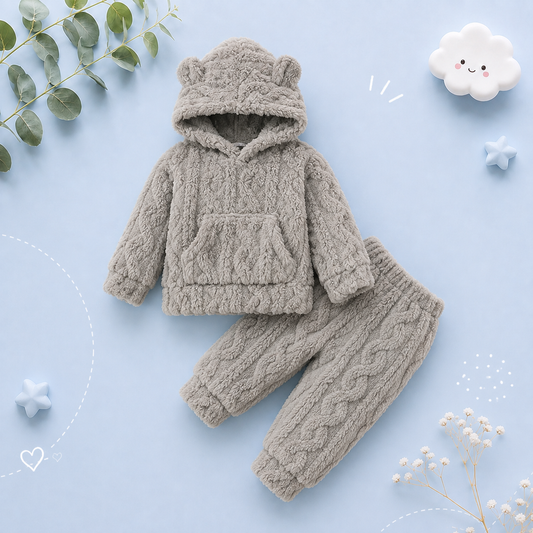 The Samuel - Baby Boy Bear Ears Hat Furry Hoodie & Plain Pants