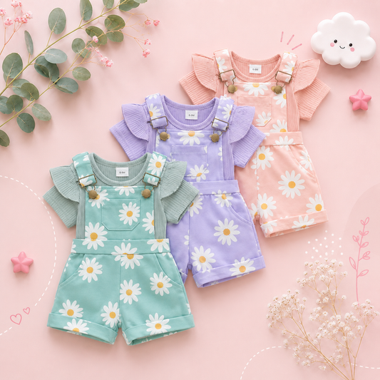 The Melody - Baby Girl Short Sleeve Romper with Flower Print Suspender Shorts
