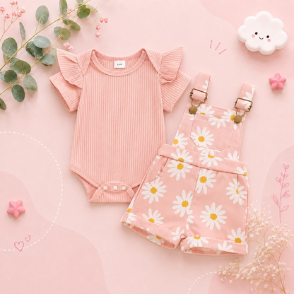 The Melody - Baby Girl Short Sleeve Romper with Flower Print Suspender Shorts