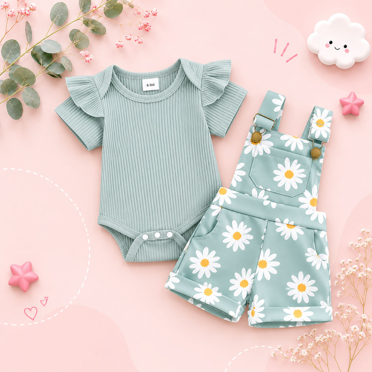 The Melody - Baby Girl Short Sleeve Romper with Flower Print Suspender Shorts