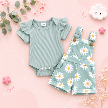 The Melody - Baby Girl Short Sleeve Romper with Flower Print Suspender Shorts